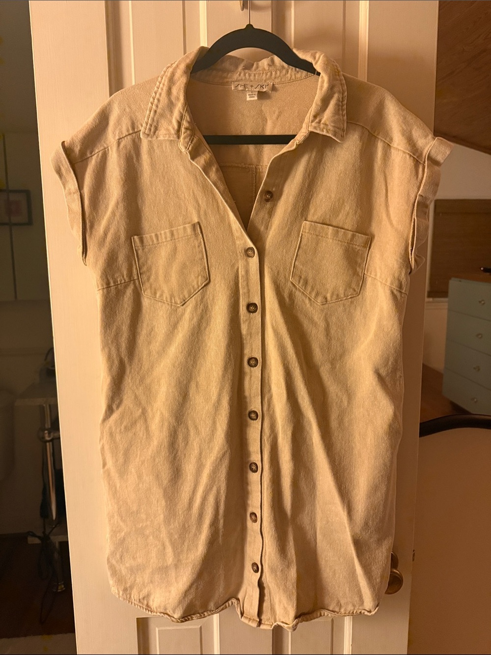 She + Sky Sleeveless Button-Down Shirt Dress in Tan